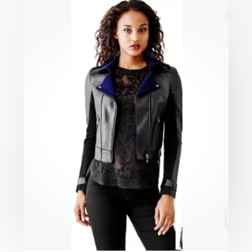 GUESS Faux Leather Velvet Bonded Jacket Black Blue size medium